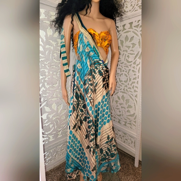 Exotic Silk Turquoise Print Boho Wrap Maxi Skirt - Picture 5 of 10